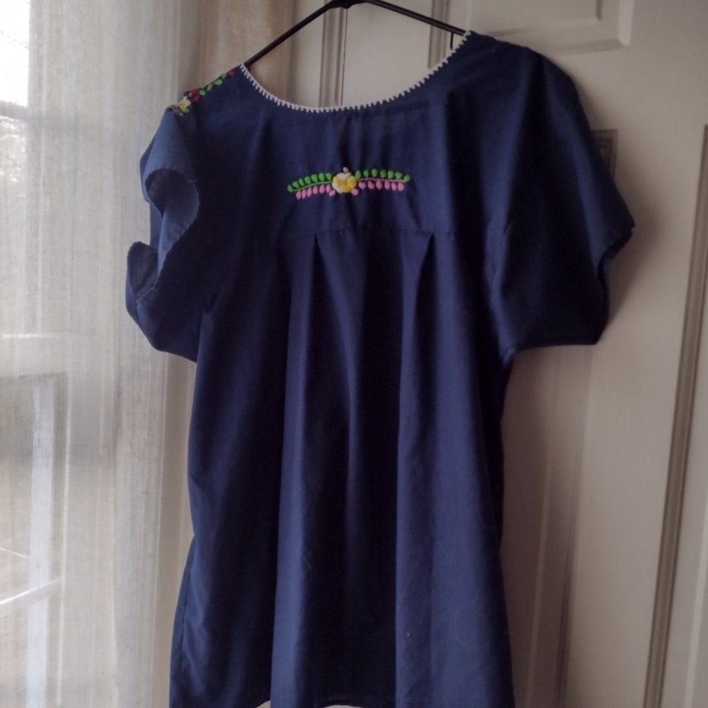 navy blue baby doll bohemian embroidery top XL - Picture 2 of 4
